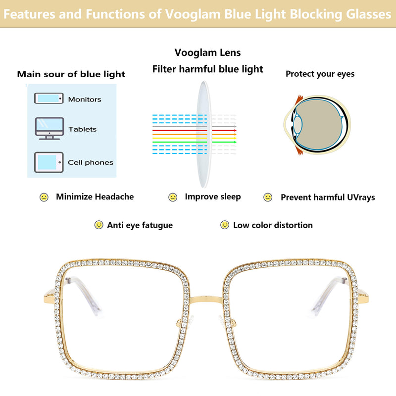 VOOGLAM Square Rhinestone Blue Light Glasses for Women Anti UV Eyestrain Computer Office TV Eyewear Metal Frame Gold Blue Light Blocking Lens