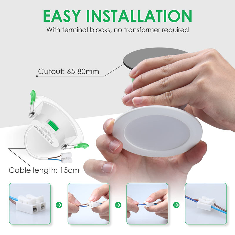 ALUSSO LED recessed spotlight 230V dimmable 68mm 7W ultra flat IP44 LED spots warm white neutral white cold white ceiling spots for bathroom kitchen living room, white, set of 6 round white