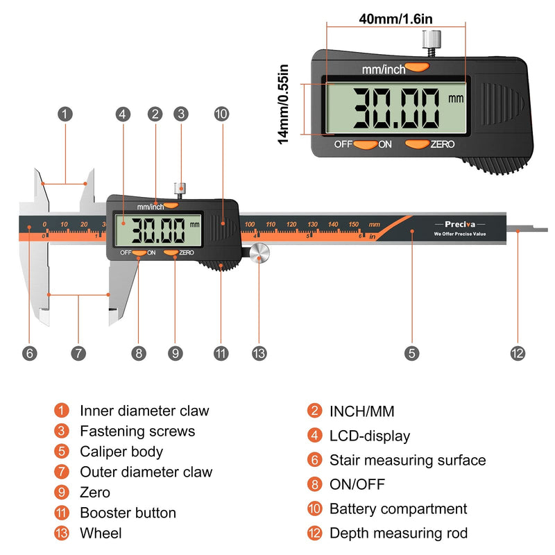 Digital caliper, 150mm / 6-inch digital caliper with large LCD display for external, internal and depth measurements