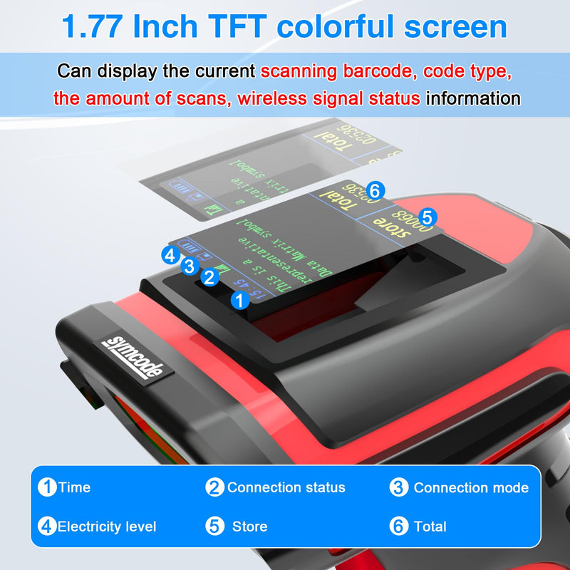 Symcode 2D Industrial Barcode Scanner with Charging Stand and Screen, 433Mhz 2-in-1 Bluetooth Wireless Hands-Free Barcode Reader Rugged Heavy Duty 2000 Feet Transmission Distance for Large Warehouse.