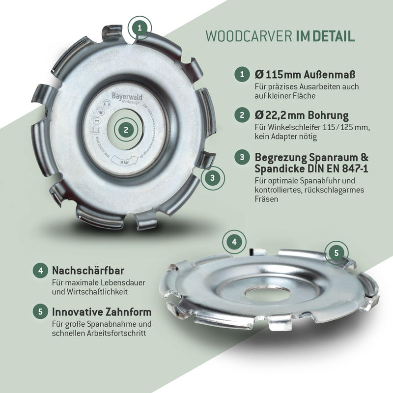 Bayerwald Woodcarver Diameter 115 mm - Milling Disc for Angle Grinder for Woodworking / Ideal Tool for Sculptors and Carvers (Woodcarver)
