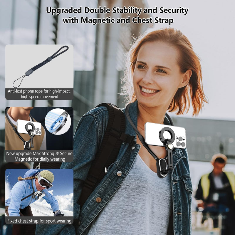 4 in 1 Magnetic Neck Mount for Phones,POV/Vlog Neck Phone Holder for Recording w/Chest Strap/Phone Clip Selfie Mount Phone Neck Holder Neck Tripod for iPhone/Android/Go Pro DJI Camera-Black