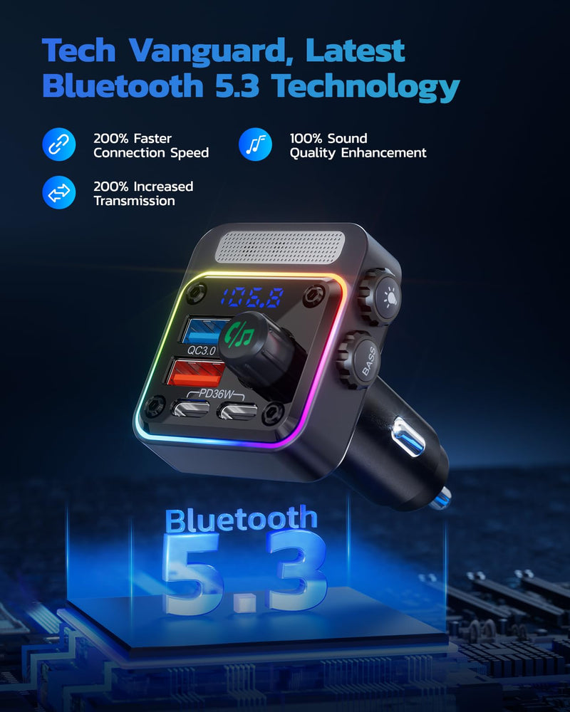 Nulaxy 54W Bluetooth 5.3 Car Adapter with 4 Charging Ports [PD 36W & QC3.0 18W], Wireless Radio FM Transmitter with Deep Bass Player & 5 Colors LED Backlit, Hands-Free Calling - NX16 Black A-Black