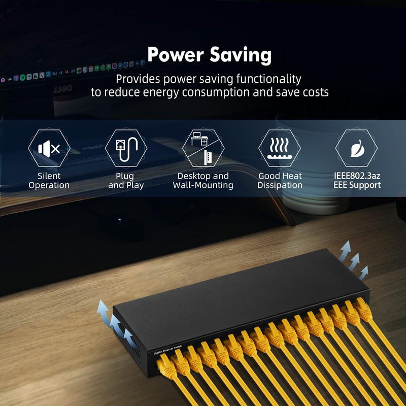 MokerLink 16 Port Gigabit Ethernet Switch, Fanless Metal Unmanaged Plug and Play Network Switch 16*1G