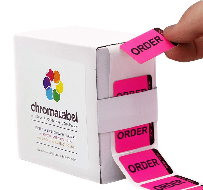 ChromaLabel 1 x 1-½ Inch Fluorescent Pink and Yellow Double Layer Quality Control Label, 250 per Dispenser Box, Imprinted: Order, Ordered