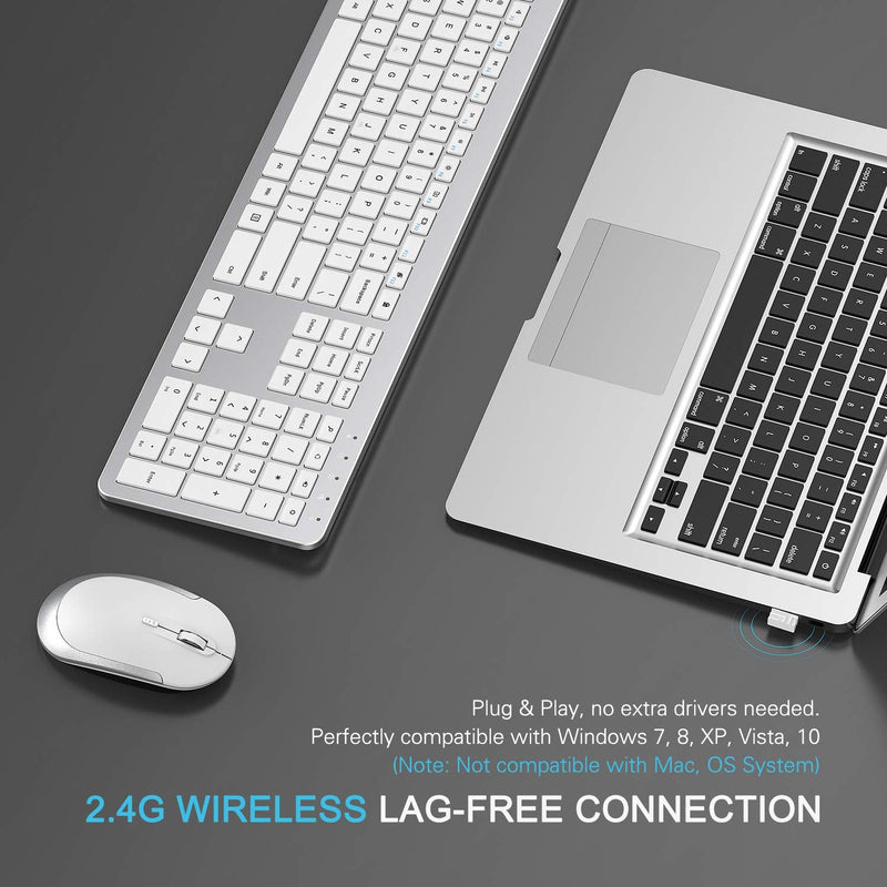 Wireless Keyboard and Mouse Combo - Full Size Slim Thin Wireless Keyboard Mouse with Numeric Keypad 2.4G Stable Connection Adjustable DPI (White & Silver) Silver and White