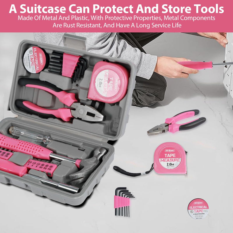 48Pcs Household Repair Tool Kit Multi-Purpose Pink Home Hand Tool Set with Case Hammer and Allen Key Set with Electrical Tape Screwdriver Test Pen Plier Bits 48