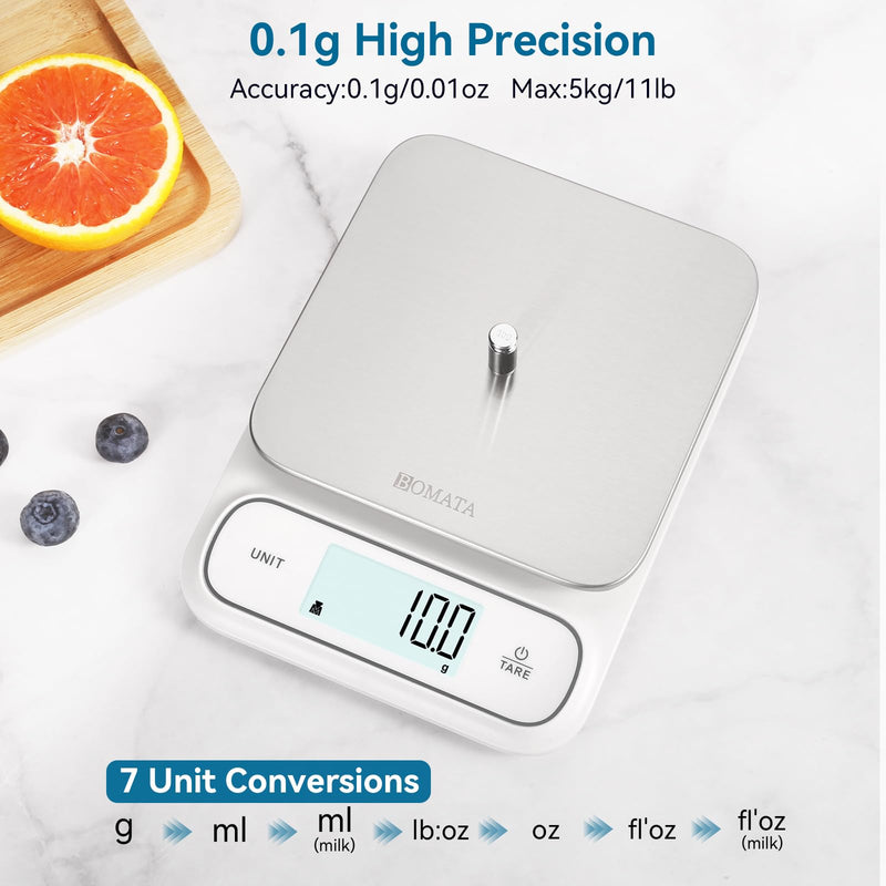 BOMATA Waterproof IPX6 Kitchen Scale, 0.1 g/0.01 oz High Precision, 5 kg/11 lbs, Digital Scale with Backlight, Stainless Steel Weighing Platform, for Food, Cooking, Baking, Weight Loss.. B619, White 0.1g/5kg Non-rechargeable White