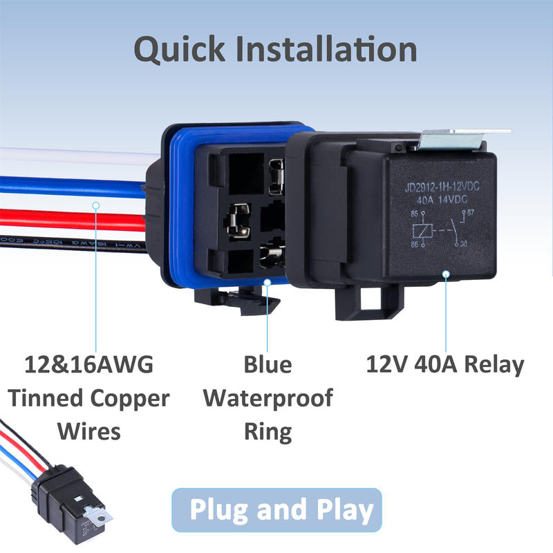 4-PIN 12V DC IP65 Waterproof Relay with Harness 40/30 AMP Relay Switch - Heavy Duty 12&16 AWG Tinned Copper Wires, SPST Automotive Relay Kit for Horns Starters Radiator Motor Fans, Pack of 1