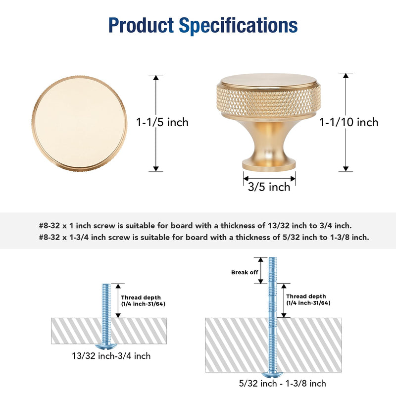 JOY DECOR 20 Pack Brushed Gold Kitchen Cabinet Hardware Knobs Round Solid Knurled Handles Single Hole Drawer Knobs for Cabinet Furniture Brass Dresser Pulls