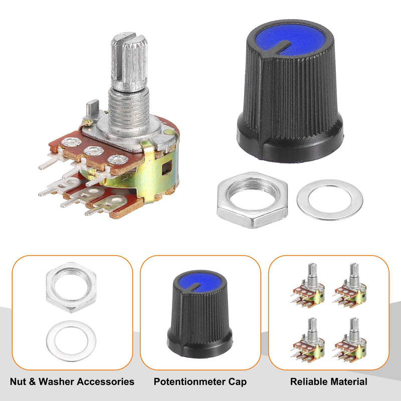 QUARKZMAN Set of 5 WH148 Double Linear Potentiometer Knobs Kit Black + Blue | B20K-Ohm Audio Potentiometer 6 Pin Split Shaft, with Metal Handle and Mounting Hardware