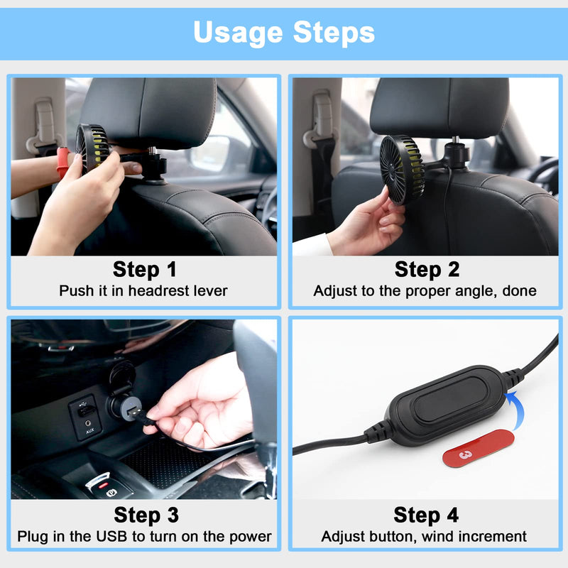 Car Fan for Backseat, USB Powered Car Rear Seat Headrest Fan, 3 Speeds and 360 Degree Rotatable Cooling Fan, Powerful Air Circulation Fan for Sedan, SUV, RV, Pickup, Truck, Van, Golf Vehicles and Boat