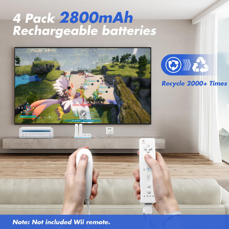 Remote Controller Charger Station for Wii/Wii U with 4 Pack 2800mAh Rechargeable Battery Pack, Controller Charging Dock Station for Wii Controller, Remotes are not Included 7.3*2 inches