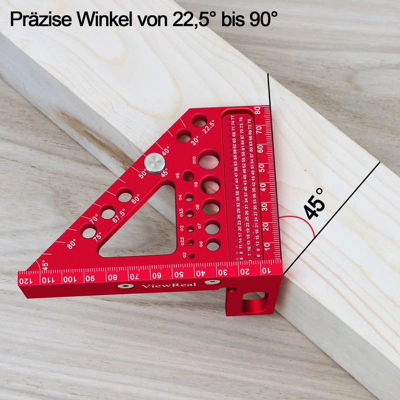 3D Mitre Square Multifunctional 22.5-90 Angle Measure Aluminium Alloy High Precision Layout Measuring Tool Scribing Tool Woodworking Measuring Tools for Carpenters, Engineers Red