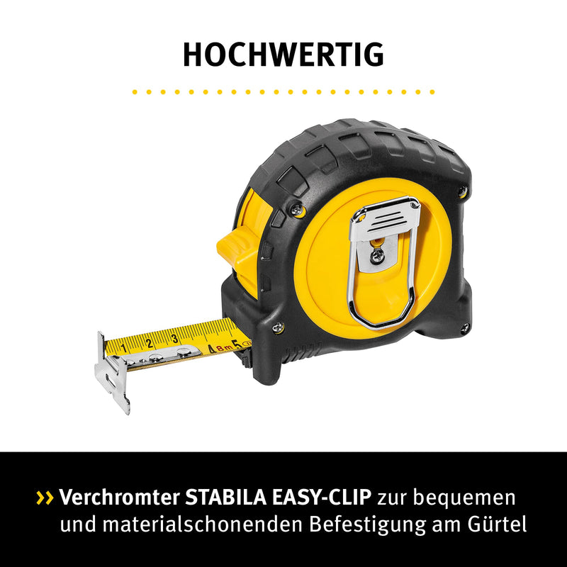 STABILA Pocket Tape Measure BM 300 8m Double Sided 1000 Scale Metric Shatterproof PC/ABS Case SPIKES Hook Steel Tape with NYLON WRAP Jacket Belt Clip MID Accuracy mm 8 m
