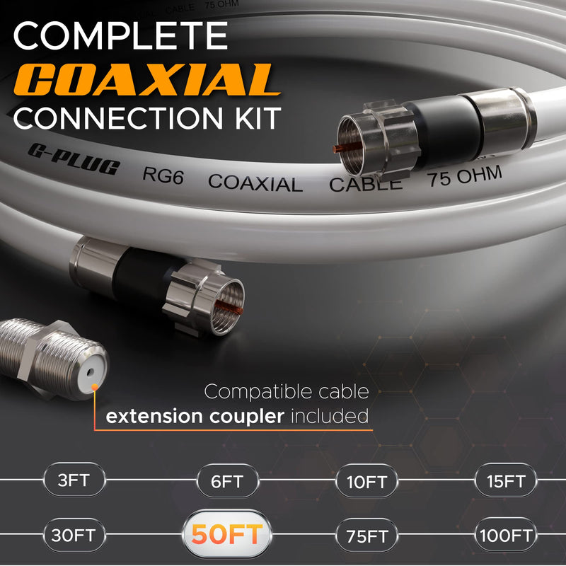 G-PLUG 50FT RG6 Coaxial Cable Connectors Set – High-Speed Internet, Broadband and Digital TV Aerial, Satellite Cable Extension – Weather-Sealed Double Rubber O-Ring and Compression Connectors White