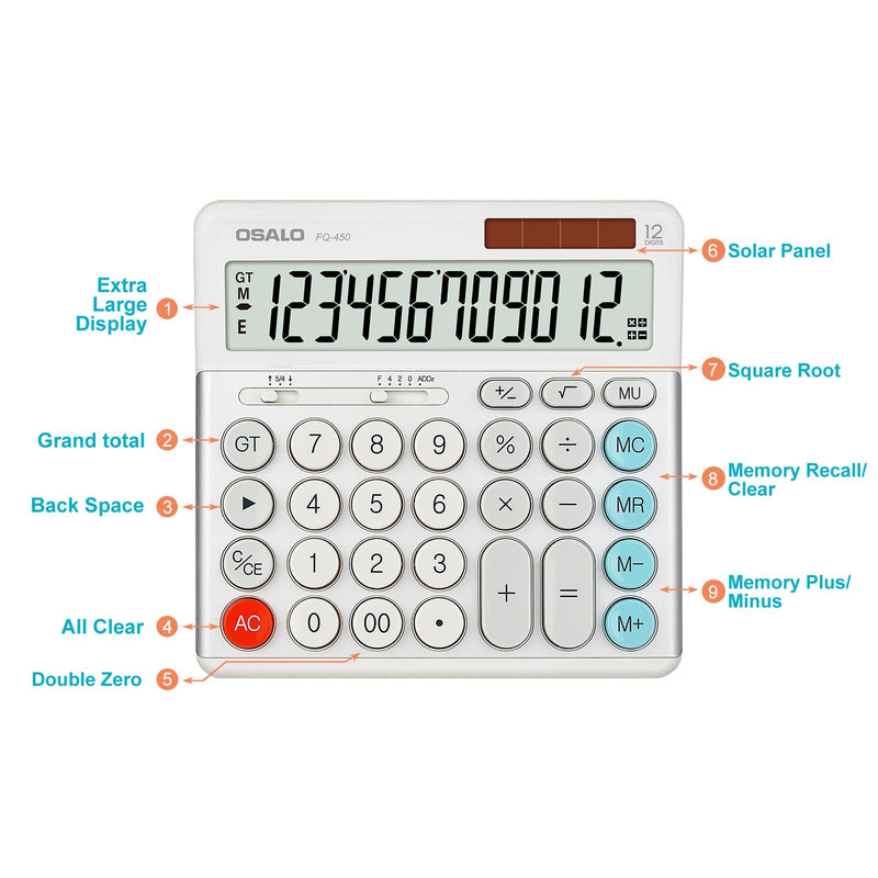 OSALO Desktop Calculator Extra Large Display 12 Digits Big Buttons Solar Calculators Accounting
