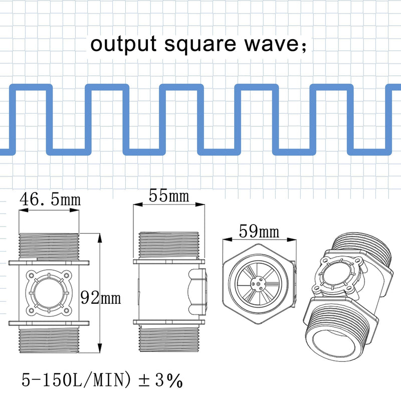 DIGITEN G1-1/2 G1.5 Water Flow Sensor Hall Effect Sensor Flow Meter Control 5-150L/min Compatible with Arduino, Raspberry Pi and Reverse Osmosis Filters