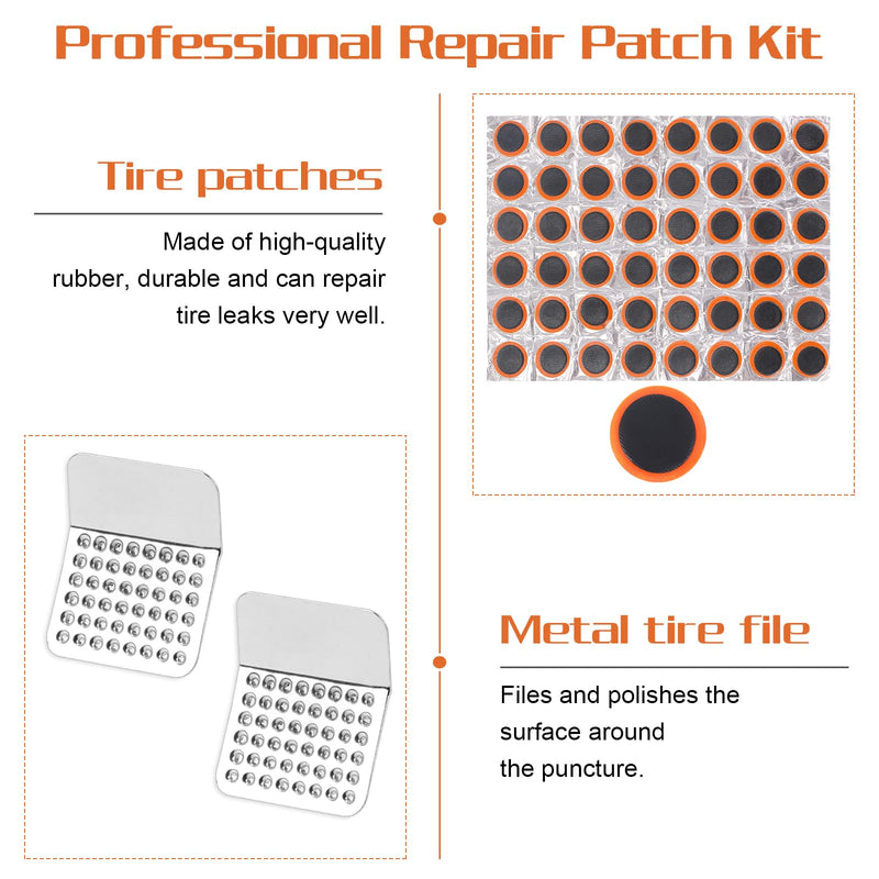 102Pcs Bike Tire Patches Kit, Glueless Tube Patch Kits with 6 Self-Adhesive Patches 2 Metal Rasp Outdoor Bicycle Inflatable Inner Tire Puncture Repair Tool for Cycling Motorcycle Road Mountain