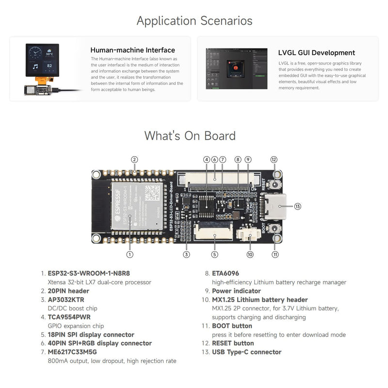 Waveshare ESP32-S3 RGB LCD Driver Board, Equipped with 32-Bit 240MHz LX7 Dual-Core Processor, 8MB PSRAM and Flash, WiFi & Bluetooth Support, Comes with a 2.1inch RGB Round Touch Display