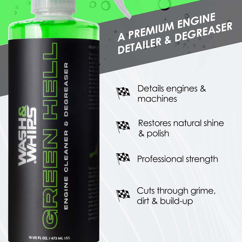 WASH&WHIPS Green Hell Engine Machine Cleaner & Degreaser - Car Engine Detailing Professional Strength Cuts Through Grime, Grease, Oil, Debris & Build-up, 16 fl oz 16 Fl Oz (Pack of 1) Bottle Only