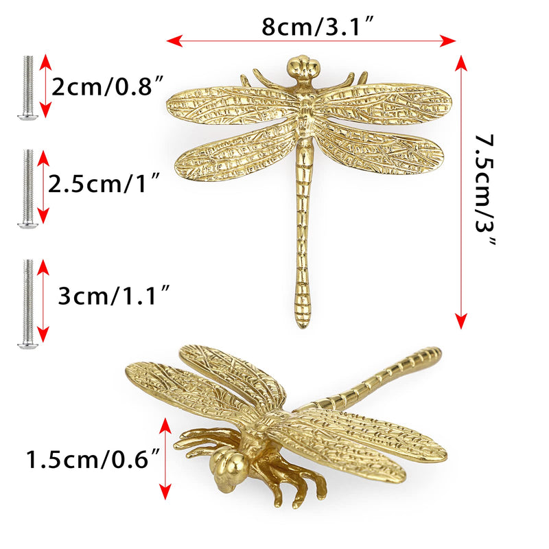 JUXYES Pack of 4 Brass Dragonfly Cabinet Knobs, Golden Tone Cupboard Door Knobs Decorative Dresser Drawer Handle Knobs for Dresser Drawer Cabinet Closet