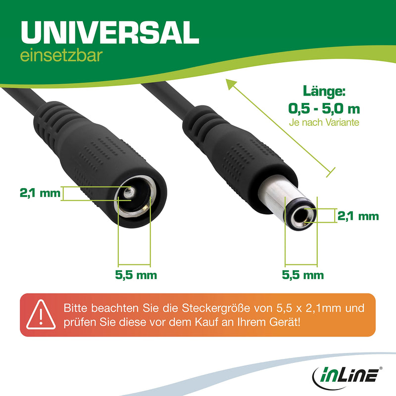 InLine - DC extension cable, universal power supply extension cable for LED strips, surveillance cameras, printers, routers, switches and much more., DC plug/socket 5.5 x 2.1mm, black, 2m