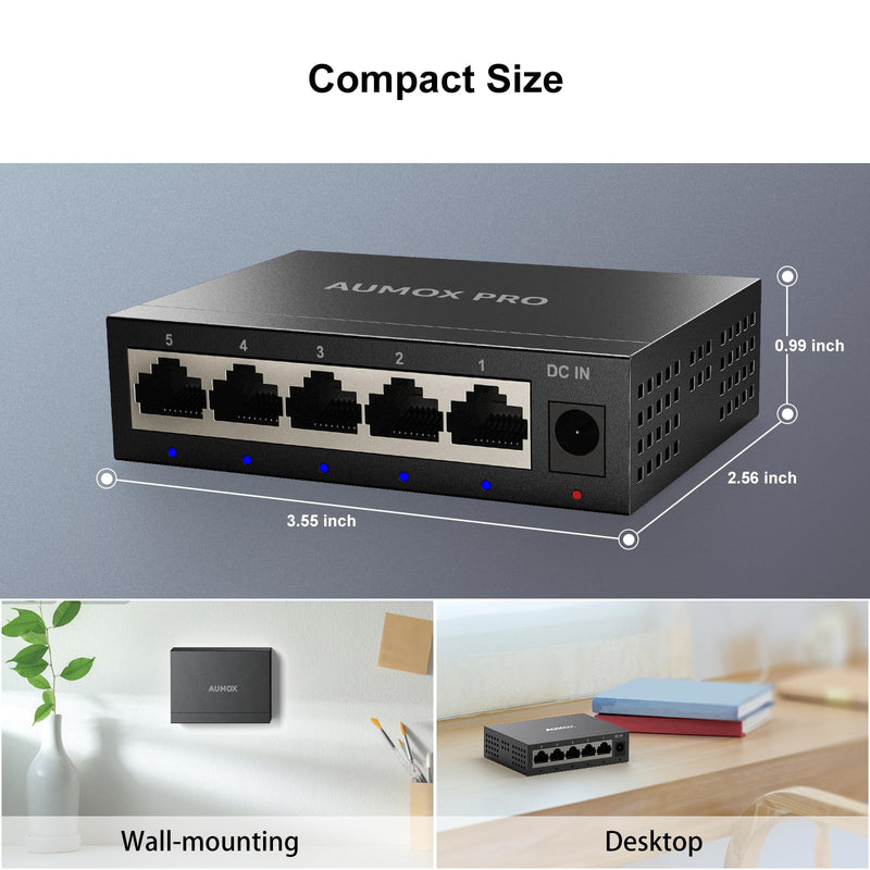 5 Port Gigabit Unmanaged Ethernet Switch, AUMOX PRO Home Network Hub, Office Ethernet Splitter, Plug-and-Play, Silent Operation, Desktop or Wall Mount, Fanless Metal Design 5 Port| 5*1G Port