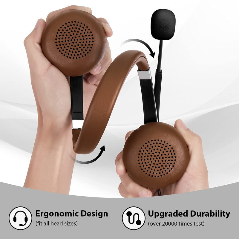 Arama USB Headset with Microphone Noise Cancelling & in-line Call Controls, Ultra Comfort 3.5mm Wired Headset for Cell Phone, Computer Headset with Mute for PC Laptop Skype Webinar Home Office Brown