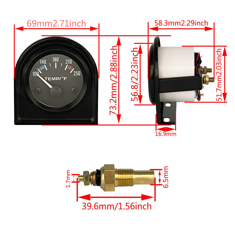 2" Water Temperature Gauge 52mm 12V Water Temp Meter 100-250 Fahrenheit White LED Light Display with Temperature Sensor