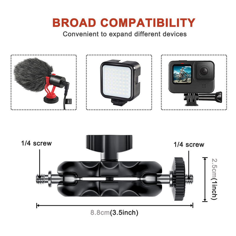 Camera Mount Clamp with Double Ball Head Adapter - 2 Pack. Compatible with LED Lights, Gopro, Insta360, DJI Action, Ronin-M, Ronin MX. 360° Ballhead and 1/4’’ + 3/8’’ Thread Hole.