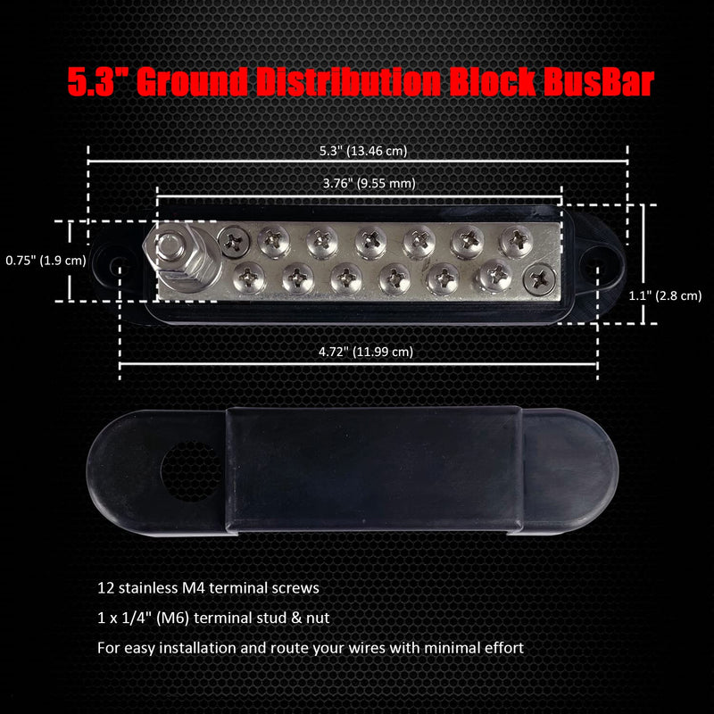 1/4" Stud & 12 x #8 Terminal Screws Ground Distribution Block Bus Bar Kit, Ampper 5.3" 12V Nickle Plated Brass Battery BusBar Junction W/Cover for Auto Boat Solar and More (Black) Black Plated Brass Kit