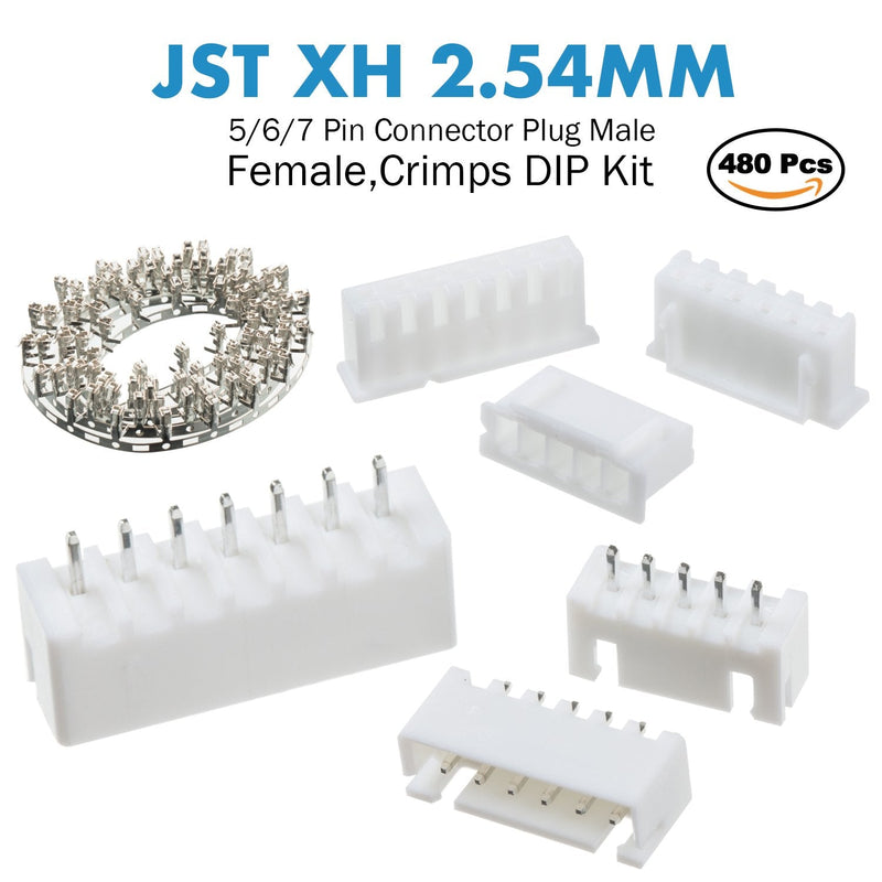 CQRobot JST XH 2.54mm Pitch 5 Pin / 6 Pin / 7 Pin JST Male Plug, Female Socket Housing and T-Crimp Terminal Kit 60 sets/480 pieces JST connector adapter cable assembly. JST-XH2.54 XH 5P/6P/7P