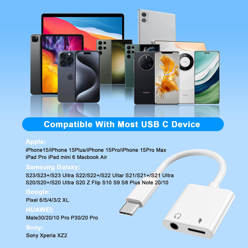 [MFi Certified] 2Pack iPhone 15 Headphone Adapter,2 in 1 USB C to 3.5mm Aux Audio Dongle +Charge Splitter Headphone Accessories Compatible with iPhone15/15Plus/15Pro/15Pro Max/Samsung Galaxy/Google White