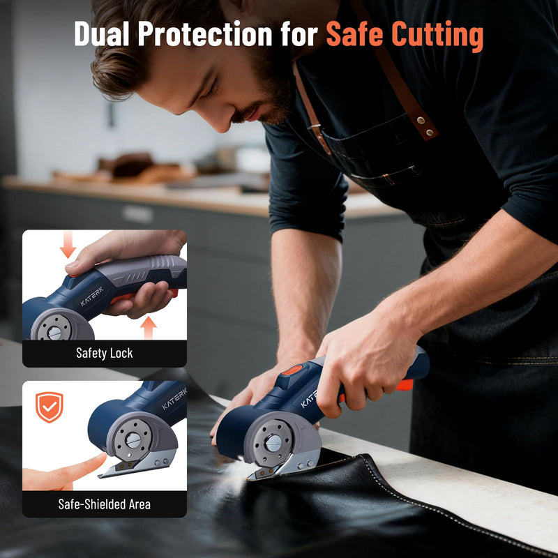 Electric Box Cutter, Katerk Cordless Electric Scissors with Safety Lock & LED Light, Cardboard Cutter, Ambidextrous Use, Rotary Cutter for Fabric, Leather, Plastic, Crafting Dark Blue