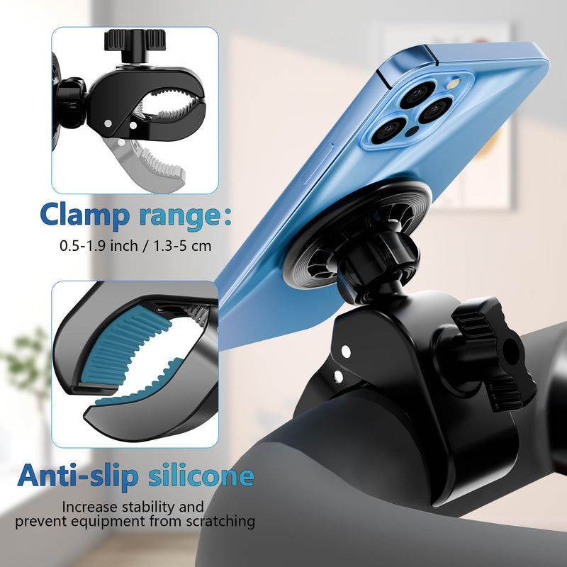 Magnetic Phone Holder, Strong Magnet Bike Phone Mount with Two Metal Rings, for Indoor Gym Equipment(Compatible with Peloton Bike)/Stroller/Treadmill, for MagSafe iPhone Samsung and All Phone Black