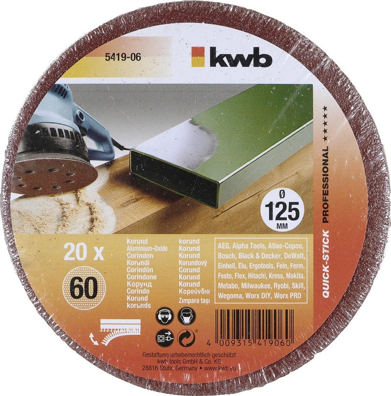 KWB Quick Self Stick Sanding Pads, Wood and Metal 125 mm Diameter, hole-punched 5419 - 06 Discs - Economy Pack Diameter: 125 mm K-60
