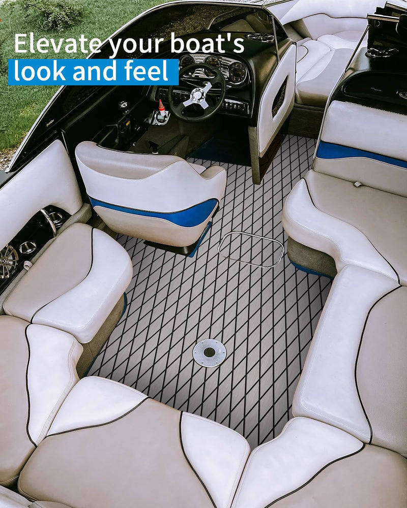OCEANBROAD Diamond Boat Flooring with Self-Adhesive 96''x16''/38''/47'' | Double-layer, Non-Slip, 6 mm Eva Foam Marine Decking, Easy to Install, For Motor Pontoon Boats, RV Floor, Kayak, Surfboard Gray with Black Lines 96''L x 16''W-10.67sqft