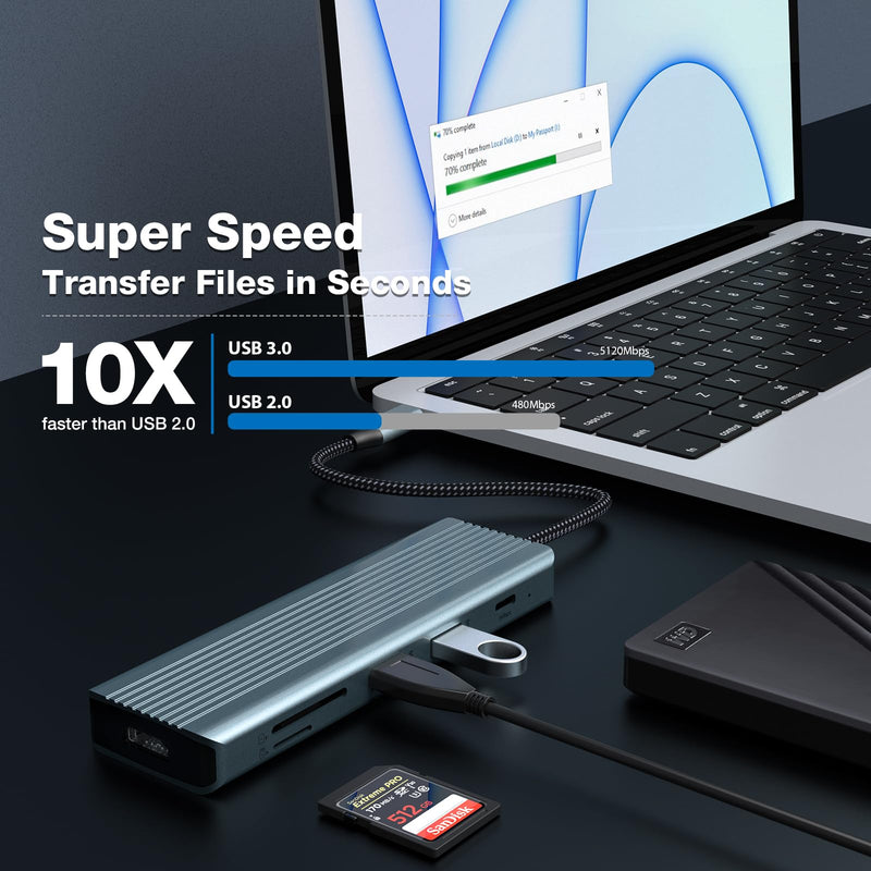 USB C HUB, 9 in 1 Adapter with 4K HDMI, 3 x USB 3.0, USB-C 3.0, 1 x USB 2.0, 100W Power Delivery, SD/TF Card Readers, Docking Station for USB-C Laptops & Devices