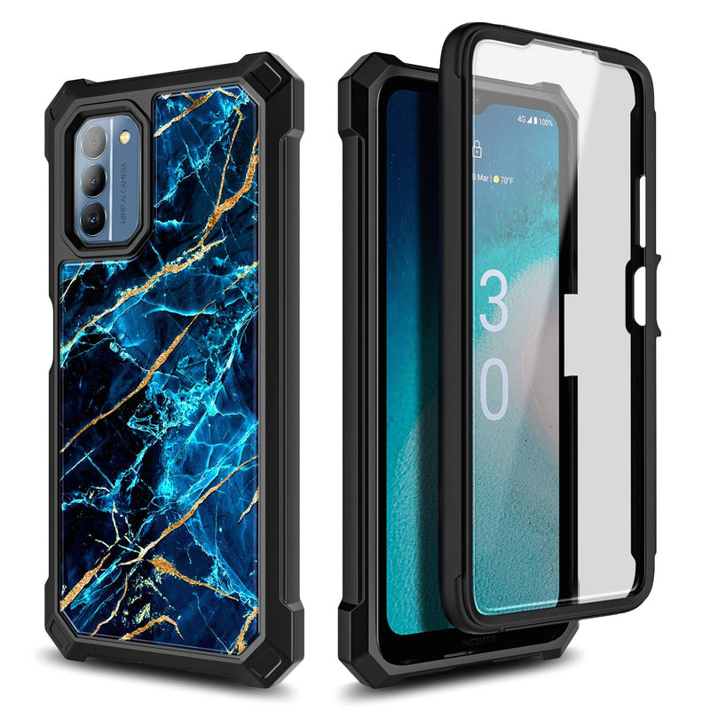 NZND Compatible with Nokia G100 Case (N150DL) /Nokia C300 (N155DL) with [Built-in Screen Protector], Full-Body Protective Shockproof Rugged Bumper Cover, Impact Resist Phone Case (Sapphire) Marble Design Sapphire