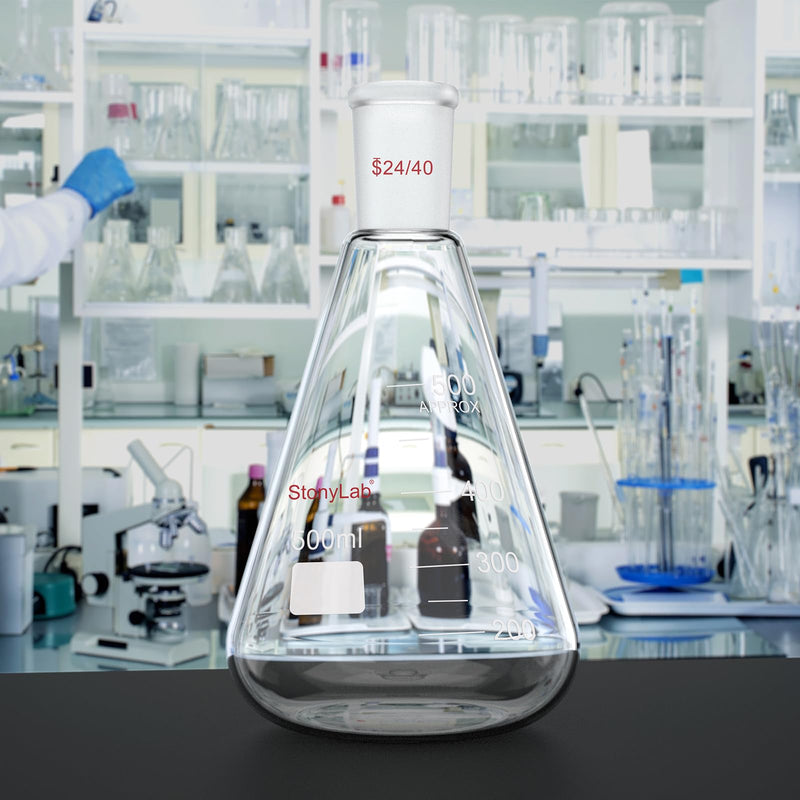 StonyLab Glass 24/40 Erlenmeyer Flask, Borosilicate Glass Heavy Wall Flask with 24/40 Standard Taper Outer Joint, 500ml 500 ml