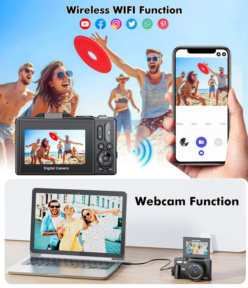 4K Digital Camera for Photography, WiFi 64MP UHD Vlogging Camera with 18X Digital Zoom, Super Wide-Angle Lens, 3" 180° Flip Screen, 32GB SD Card, Black