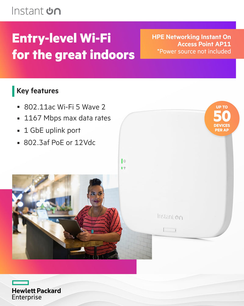 HPE Networking Instant On Access Point AP11 2x2 WiFi 5 Indoor Wireless Access Point | Power Source Not Included | US Model (R2W95A) Power Adapter Not Included