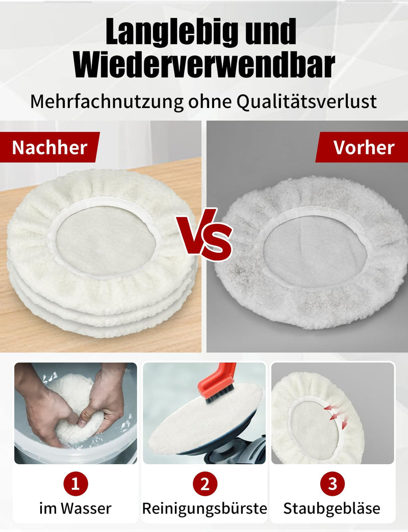 Set of 3 Lambswool Polishing Covers for Einhell Cordless Car Polisher CE-CB 18/254 Li, CC-PO 90, for 220 mm - 250 mm Polishing Machines Set of 3