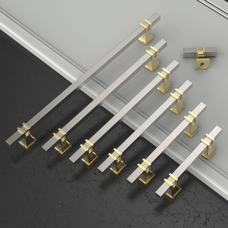 Amerdeco 10 Pack Brushed Satin Nickel and Gold Cabinet Knobs 1.46 Inch(37mm) Single Hole Cabinet Handles Rectangle Dresser Knobs Drawer Knobs and Pulls for Bathroom Cabinets ZH0067 1.46"/37MM Single Hole Brushed Satin Nickel+Gold