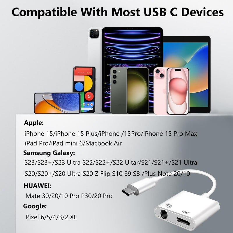 USB C to 3.5mm Headphone and Charger Adapter 2-Pack, 2-in-1 USB C to Aux Jack Dongle Cable Cord with PD Fast Charging for iPhone 15 Pro Max Plus, Samsung Galaxy S22 S23 S24 Ultra, Note 20 White