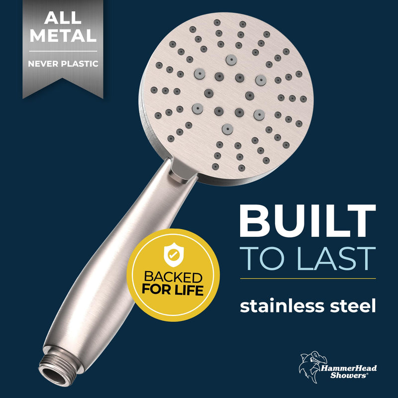 HammerHead Showers® Solid METAL 3-Spray Hand Held Shower Head, Brushed Nickel | Select from Wide, Massage, and Mist Sprays | 1.75 GPM Low Flow Handheld Showerhead | Made from 304 Stainless Steel