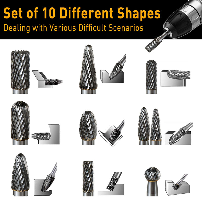 10 Pcs Carbide Burr Set 1/4 Shank w/Big Beech Holder Die Grinder Bits Drill Bits Grinding Bits for Metal Rotary Tool Attachment Accessories Rasp Weld Wood Stone for Milwaukee Dewalt 6mm-10PCS