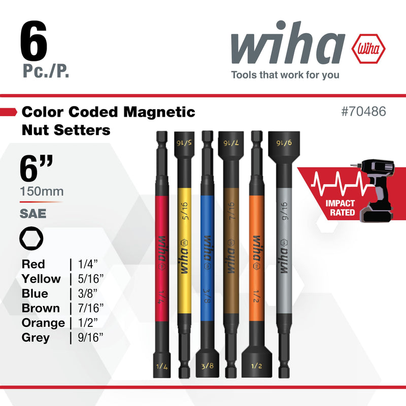 Wiha 70486 Color Coded Magnetic Nut Setter SAE 6 Pc. Set Setter Set
