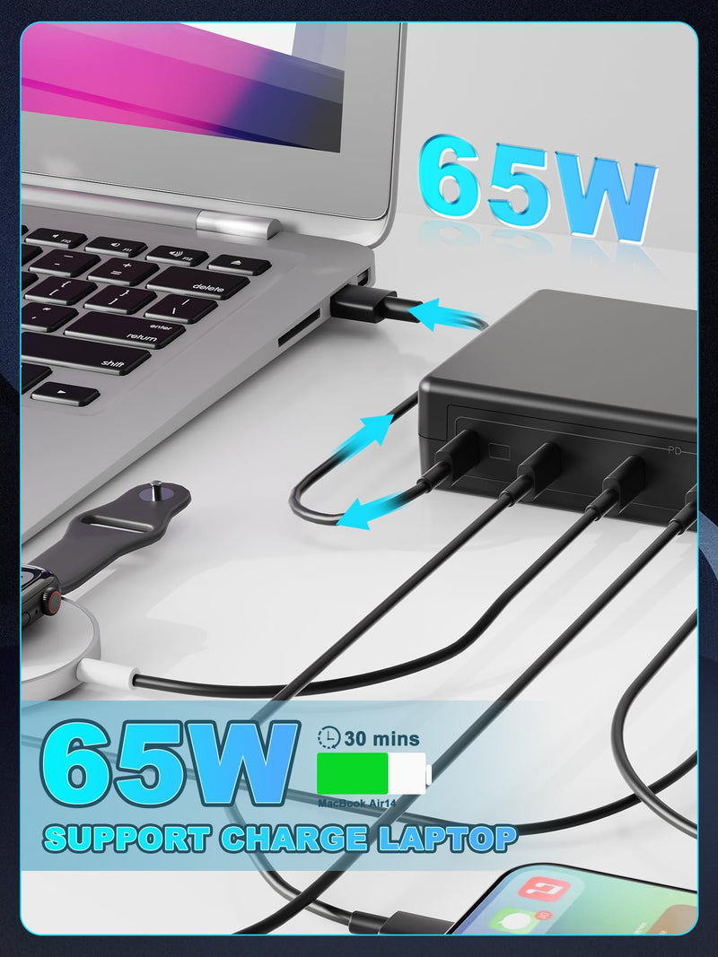 Charging Station for Multiple Devices, 200W 8 Ports Charger Station with Powerful 20W PD USB-C Ports, Fast 65W for MacBook Pro/Air, 2 USB 5V/ 4.8A Charging Ports Compatible with iPhone iPad Y021